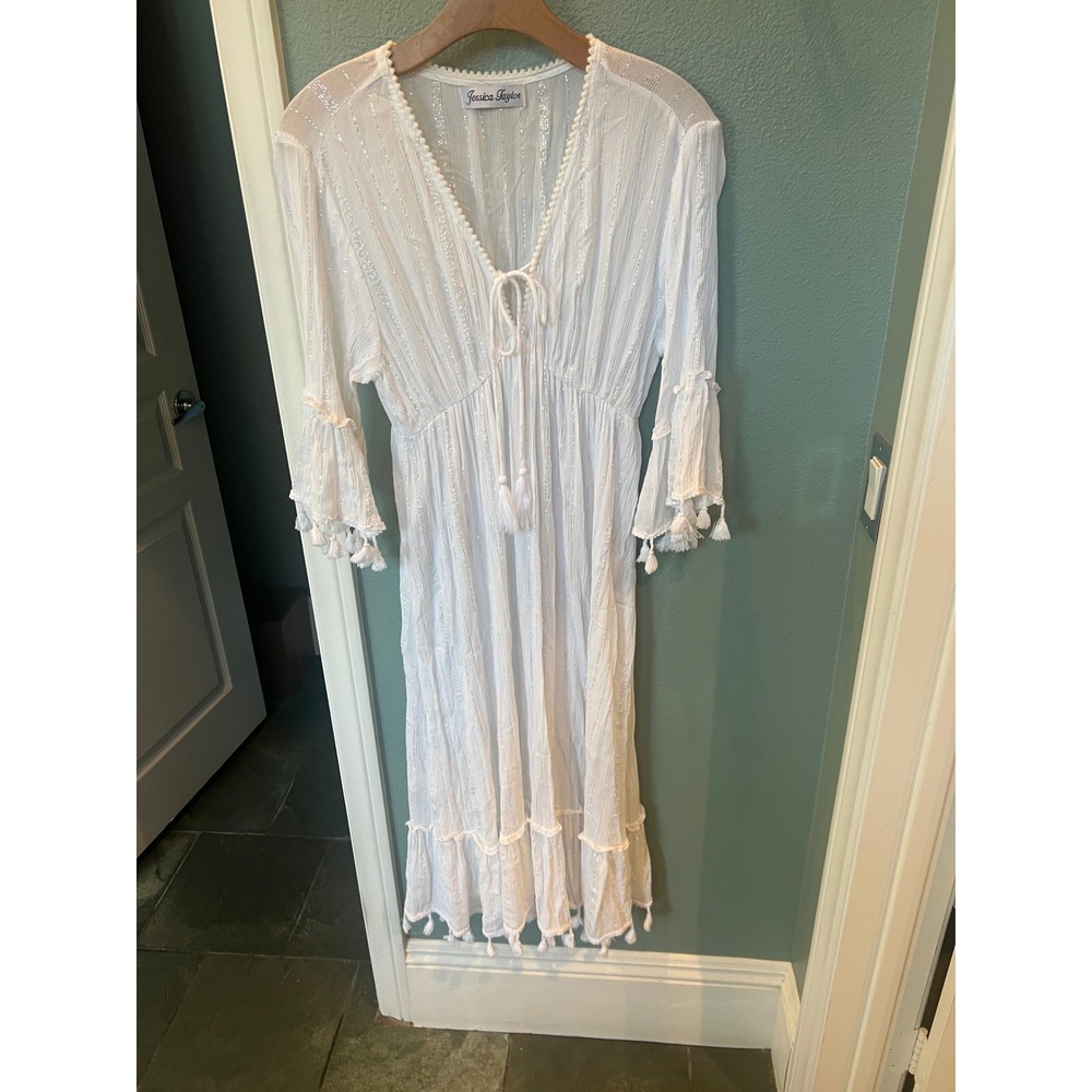 White Silver Metallic Stripe Midi Dress Baby Doll Fairy Y2K Coquette Tassels OS